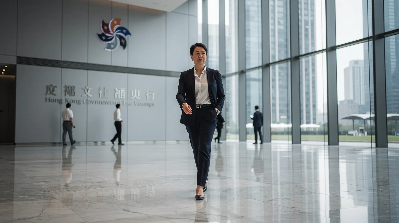 A professional individual dressed in business attire is walking through a sleek, modern lobby of a Hong Kong government building. The setting reflects a professional atmosphere, suitable for public servants and professionals seeking low-interest loans and financial services.