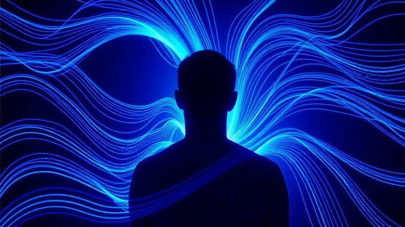 A human silhouette surrounded by blue light waves