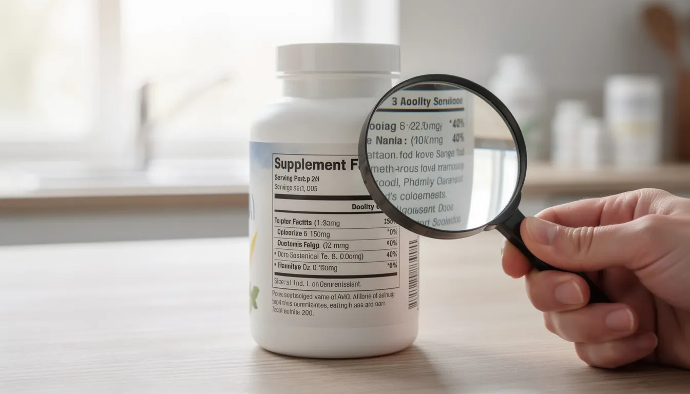 A person is closely examining a supplement bottle label with a magnifying glass, likely checking for information on ingredients that may help manage blood sugar levels and support overall metabolic health. The focus suggests a careful consideration of how this supplement might affect blood glucose and assist in diabetes management.