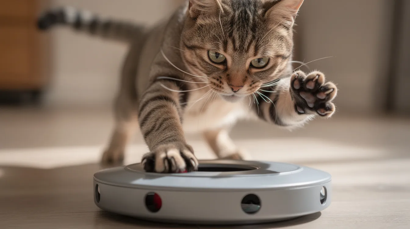 A playful cat is captured mid-pounce, with its front paws extended towards a small opening in a round cat toy, designed to keep active cats entertained as they chase a little mouse inside. This motion-activated toy promises hours of fun for kittens and adult cats alike, engaging their natural instincts to play and catch.