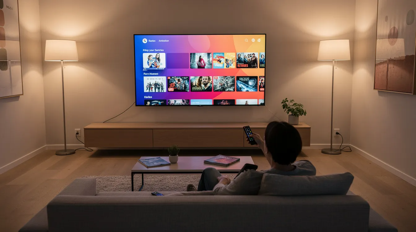 A modern living room features a large flat-screen TV showcasing a vibrant streaming interface, while a person sits comfortably on a couch holding a remote control. This setup highlights the convenience of internet protocol television (iptv), allowing users to access a wide array of films and series on demand.