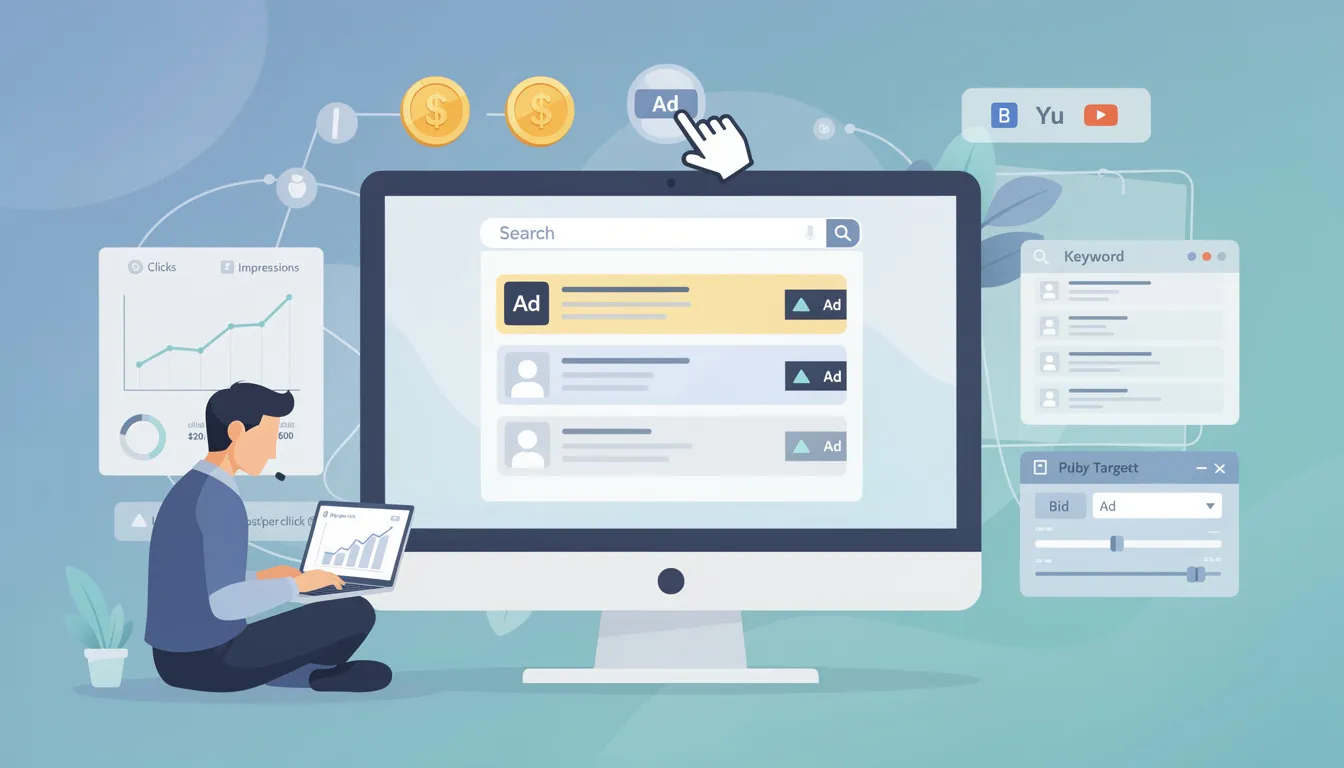 The image illustrates a digital marketing strategy focused on search engine marketing (SEM), showcasing various paid advertising tactics such as pay per click (PPC) campaigns on platforms like Google Ads. It emphasizes the importance of targeting specific keywords to reach potential customers actively searching for products and services online.