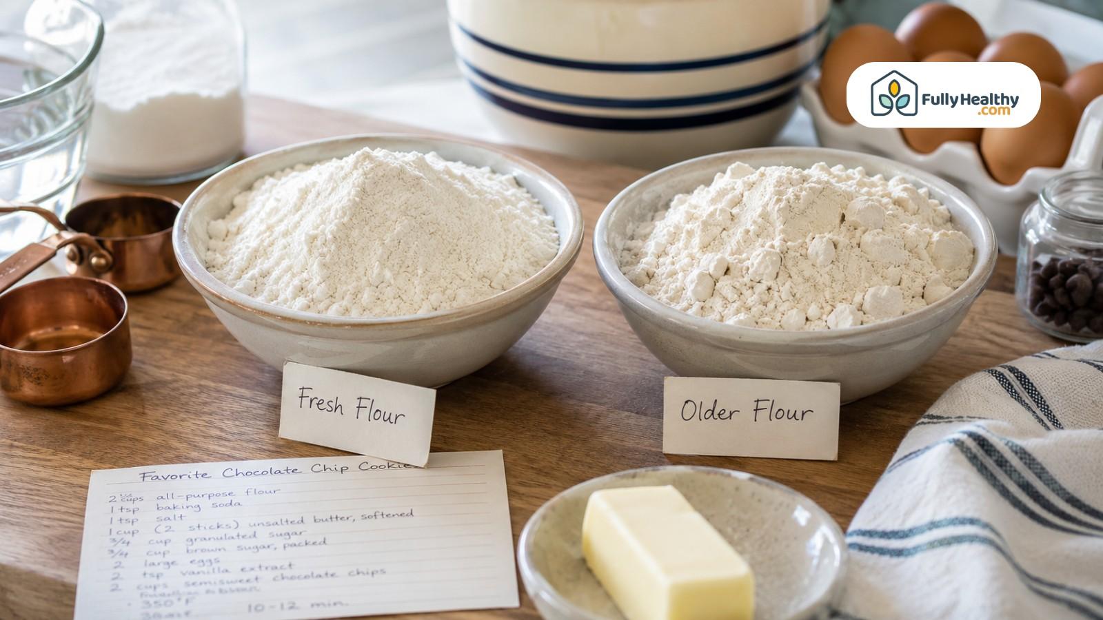 Fresh flour and older flour compared in bowls with baking ingredients nearby