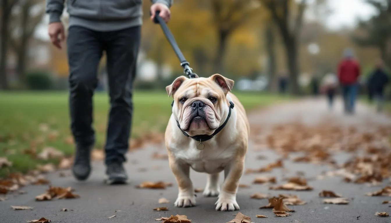 A bulldog is walking slowly on a leash during cool weather, showcasing the importance of regular exercise for adult dogs. This leisurely stroll provides both physical activity and mental stimulation, contributing to the dog's overall health and well-being.