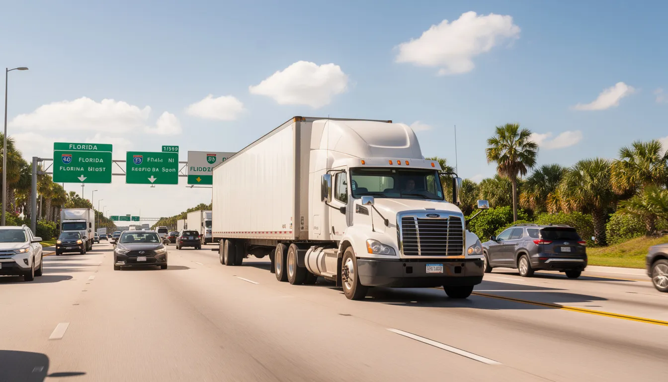 A large semi truck is driving on a busy Florida highway during the daytime, surrounded by other vehicles. This scene highlights the importance of safety in the trucking industry, as truck accidents can lead to serious injuries and complex legal cases involving experienced truck accident attorneys.