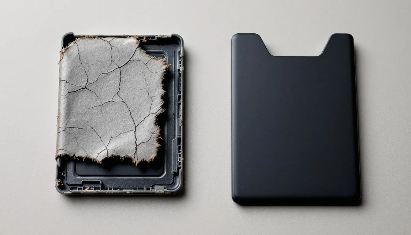 De afbeelding toont een close-up van een versleten goedkope kaarthouder naast een nieuwe, moderne smart pasjeshouder. De contrasten tussen de twee producten benadrukken de verouderde uitstraling van de traditionele portemonnee in vergelijking met de stijlvolle en veilige RFID creditkaarthouder.