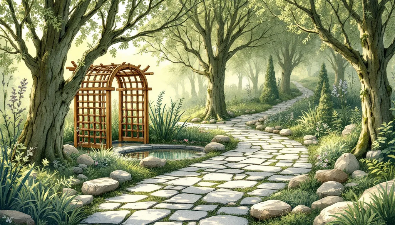 Elementy małej architektury w ogrodzie, takie jak kamienie i drewniane konstrukcje.