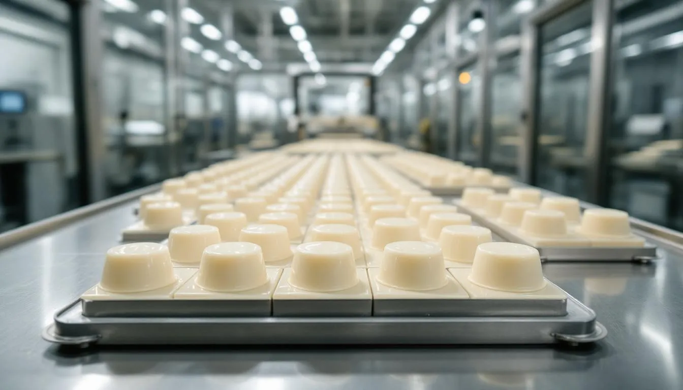 Ein Bild von weißen Kuvertüren, die in einer Fabrik hergestellt werden.