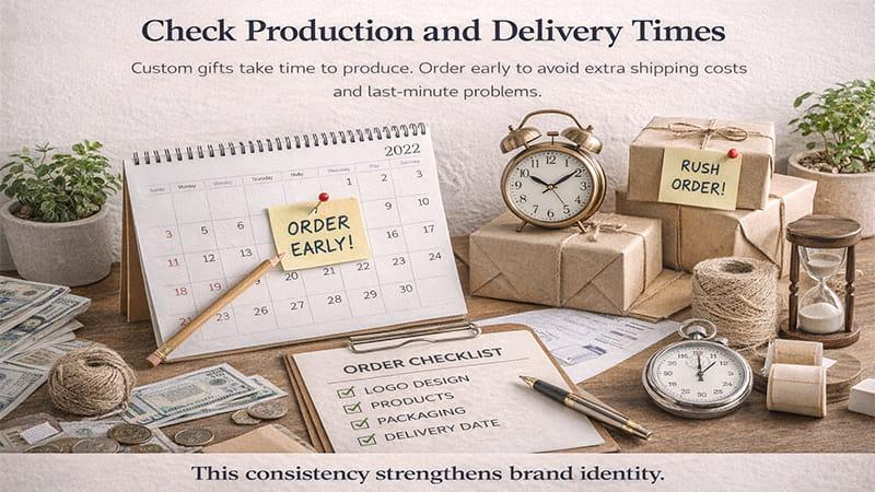 Check production and delivery times for custom gifts with an order early calendar, checklist, and packed boxes to avoid rush shipping.