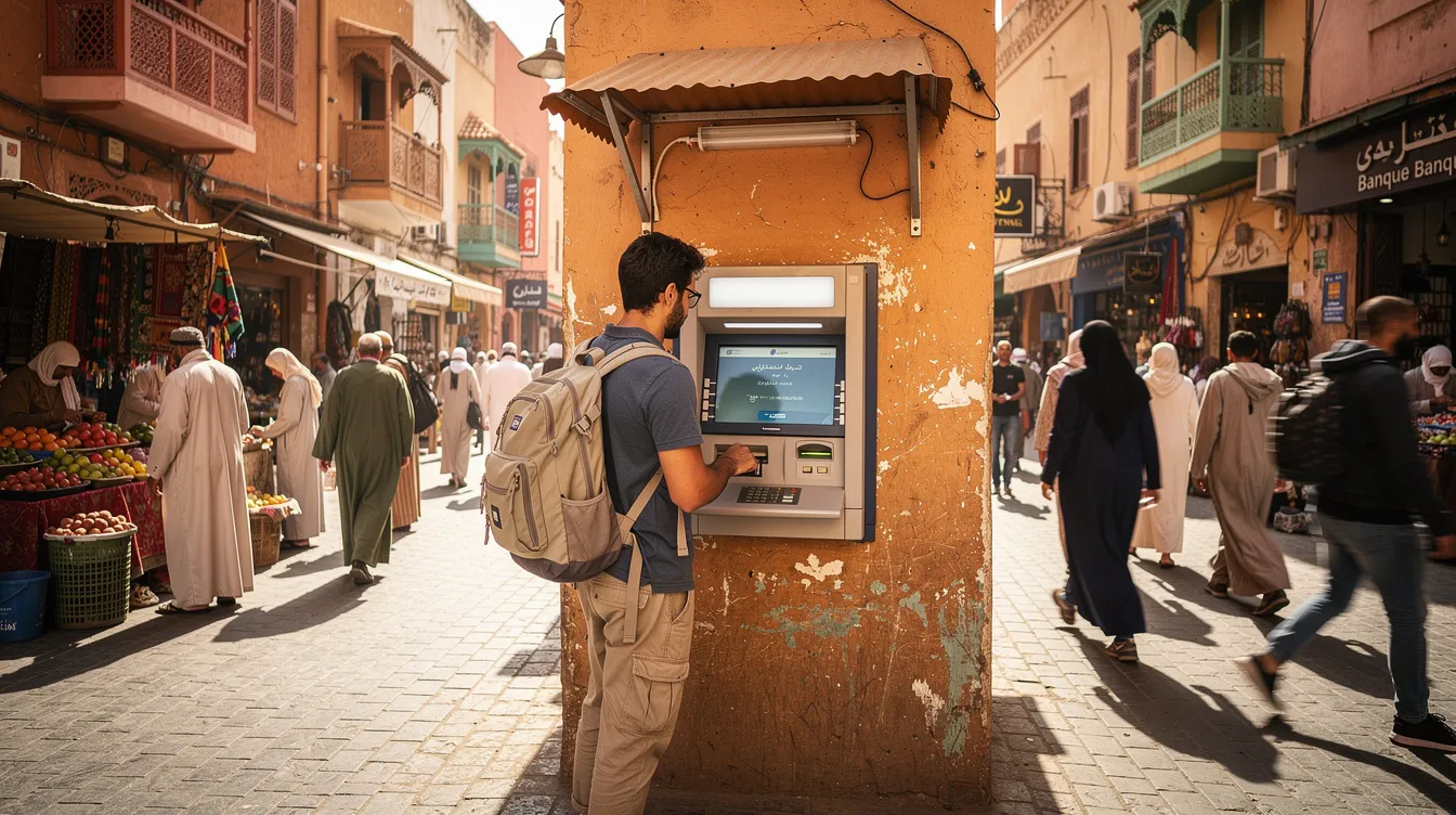 A traveler is using a bank ATM on a bustling street in Morocco, surrounded by shops and pedestrians. The ATM, likely from Al Barid Bank or Attijariwafa Bank, offers options to withdraw cash in Moroccan dirham while the traveler considers the potential ATM fees and exchange rates for foreign cards.