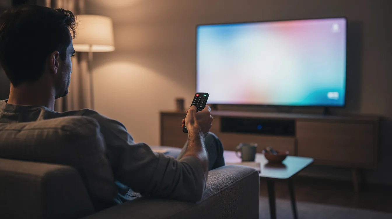 A person is sitting on a couch in a dimly lit room, holding a TV remote control while facing a large flat-screen television. The scene suggests a cozy atmosphere for watching live TV or streaming content, highlighting the convenience of modern IPTV services for entertainment.