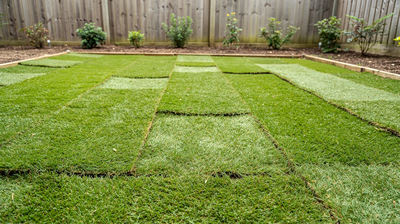 The image shows a freshly laid turf lawn in a back garden, with visible seams between the rolls of new turf. This vibrant green lawn is ready for care and maintenance to promote strong roots and healthy grass growth.