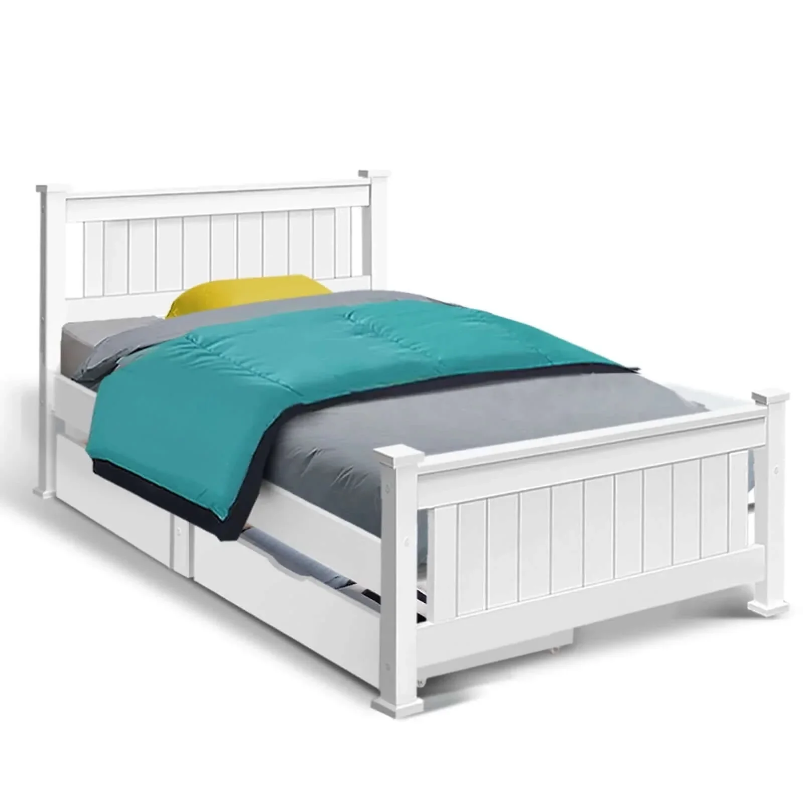 Illustration of a single wooden bed with storage in a child's room