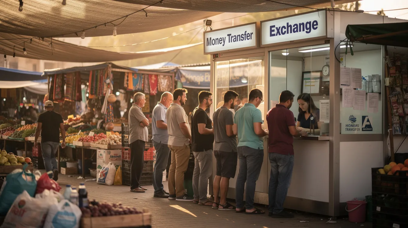 The image depicts a bustling market scene with several people standing at a money transfer counter, engaging in transactions. The setting illustrates the use of various money transfer services, highlighting options like cash pickup and online money transfer for sending money abroad.