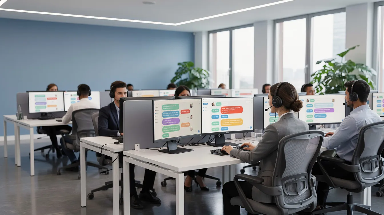 The image depicts a modern customer service office where agents, equipped with headsets, are engaged in their desks while interacting with computer screens displaying chat interfaces. This environment highlights the role of human agents in providing exceptional customer service, as they manage customer inquiries and solve complex problems through personalized interactions.