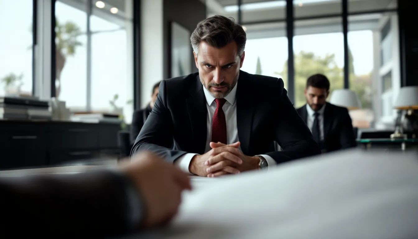 A trust litigation attorney discussing with clients, with one blurred document in the foreground.