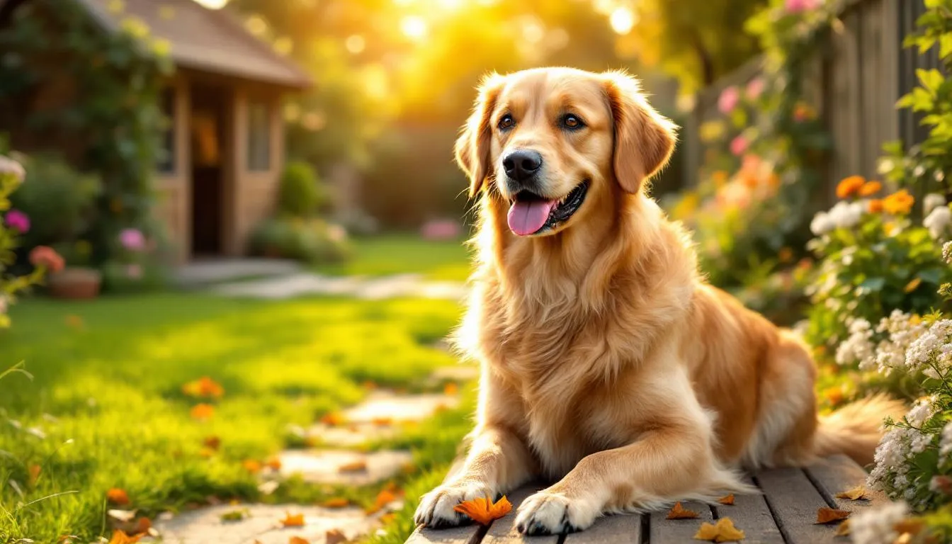 A happy senior golden retriever sits in a sunny garden, surrounded by vibrant greenery, embodying a sense of joy and health. This image reflects the importance of maintaining a healthy immune system and overall wellness for dogs, especially senior dogs.