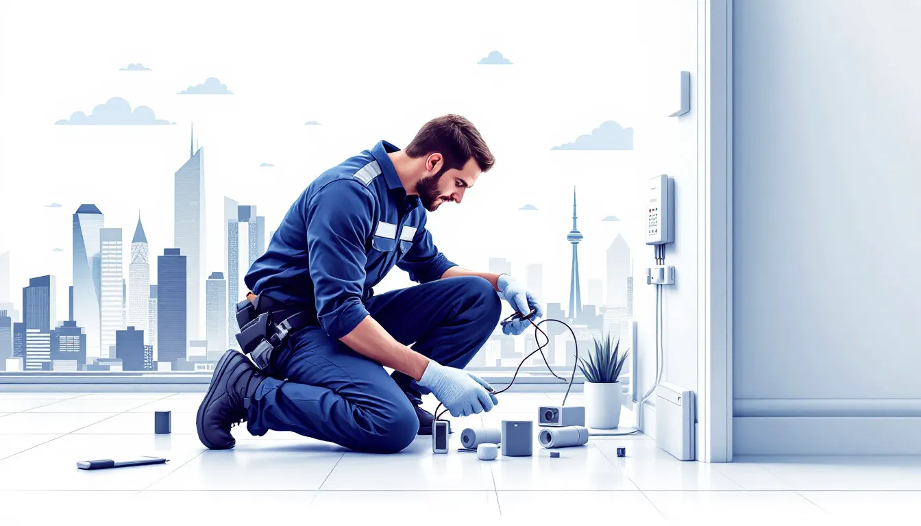 A professional alarm installer working on a security system installation.