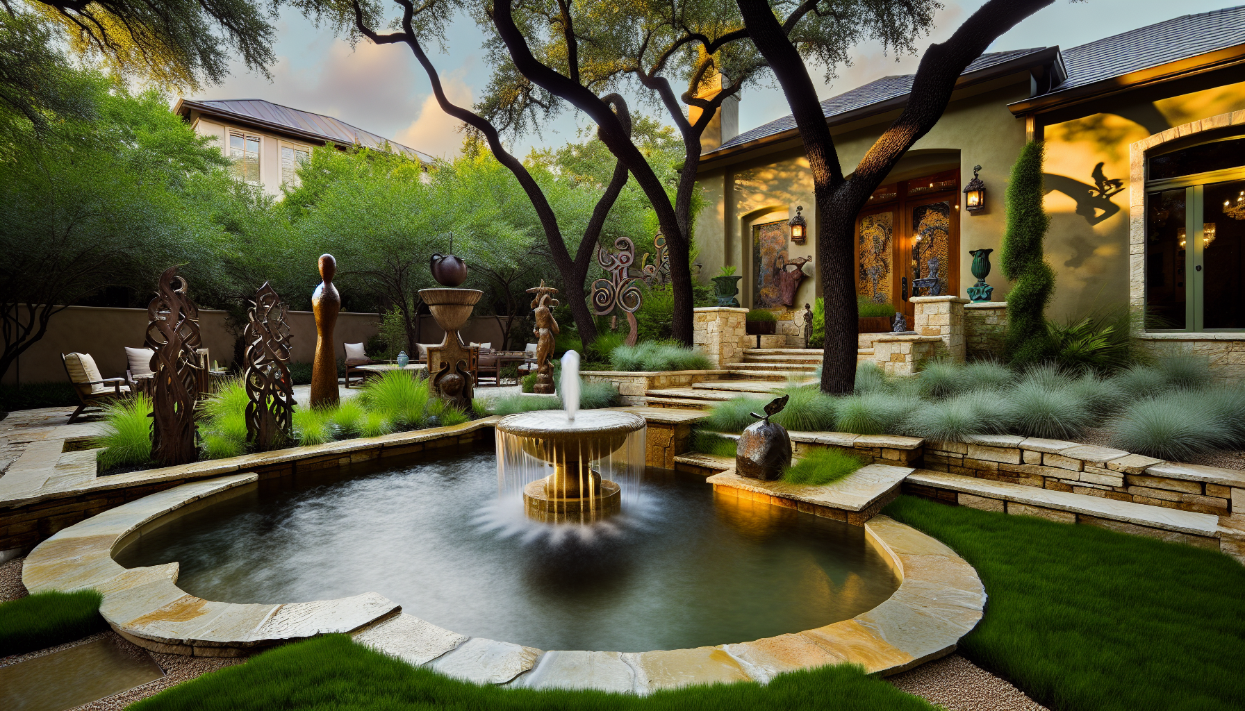 Tranquil water feature with artistic elements