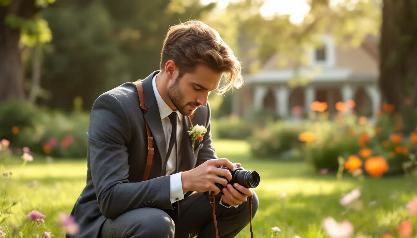 A photographer adjusting camera settings in natural light during a wedding.