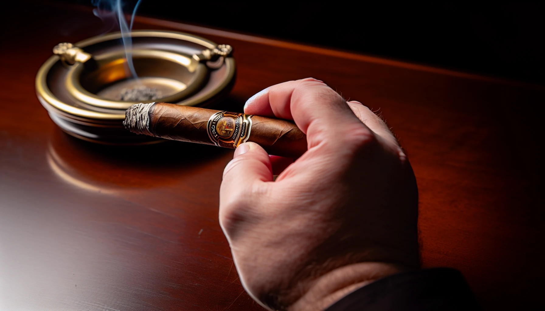 A hand holding a San Lotano Requiem Habano Robusto cigar with an ashtray in the background