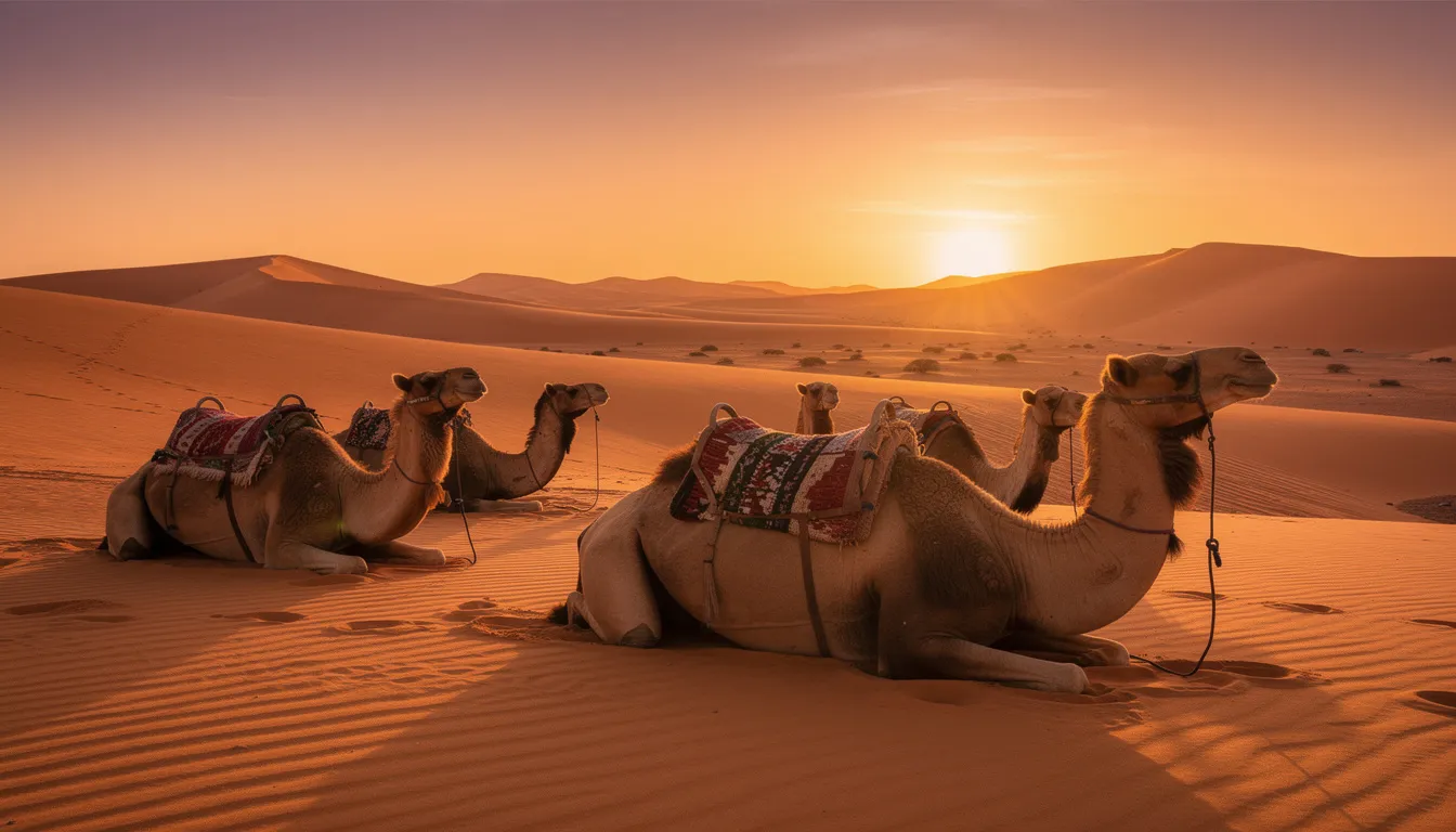 A serene scene depicts camels resting on the warm orange dunes of the Sahara Desert at sunset, with the sun casting a golden hue over the landscape. This tranquil moment highlights the beauty of Morocco's desert environment, inviting thoughts of local culture and the importance of tipping in the region for good service.