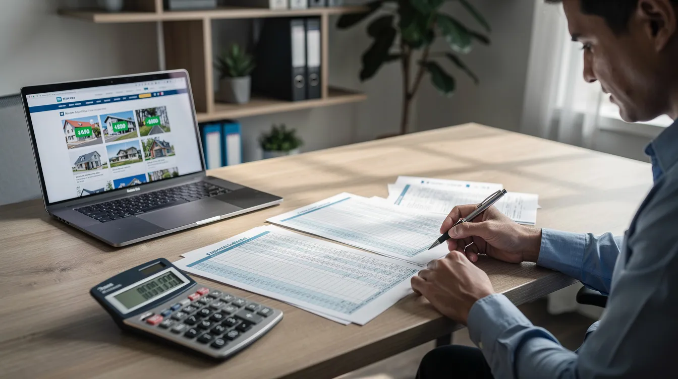 A person is seated at a desk, meticulously reviewing financial documents with a calculator nearby, while a laptop displays various property listings. The scene suggests a focus on financial planning and debt restructuring, possibly involving 二線 財務 and private loans.