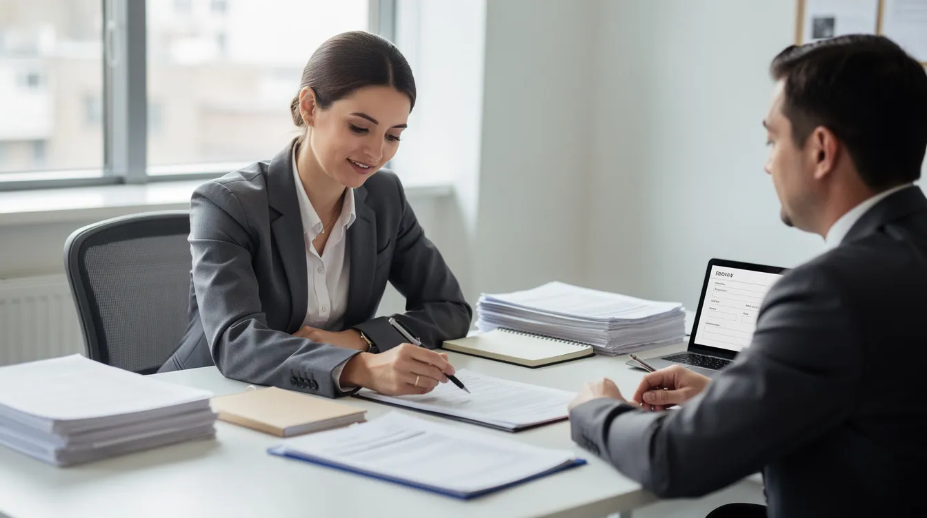 The image depicts a professional assisting a client with paperwork related to social security disability insurance (SSDI) benefits. They are engaged in a discussion, likely reviewing important documents to help the client understand their eligibility and the application process for disability benefits.