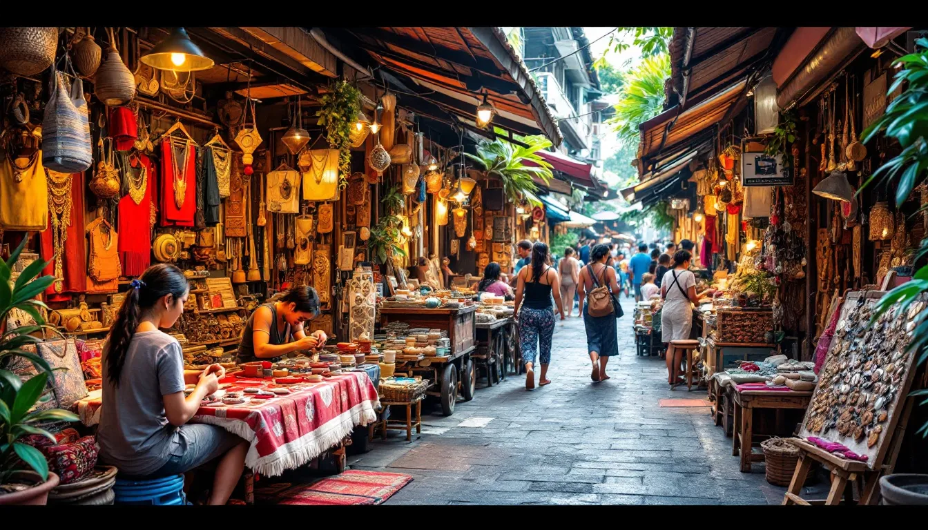 A vibrant scene showcasing the top markets in Bali, highlighting local artisans and their crafts.