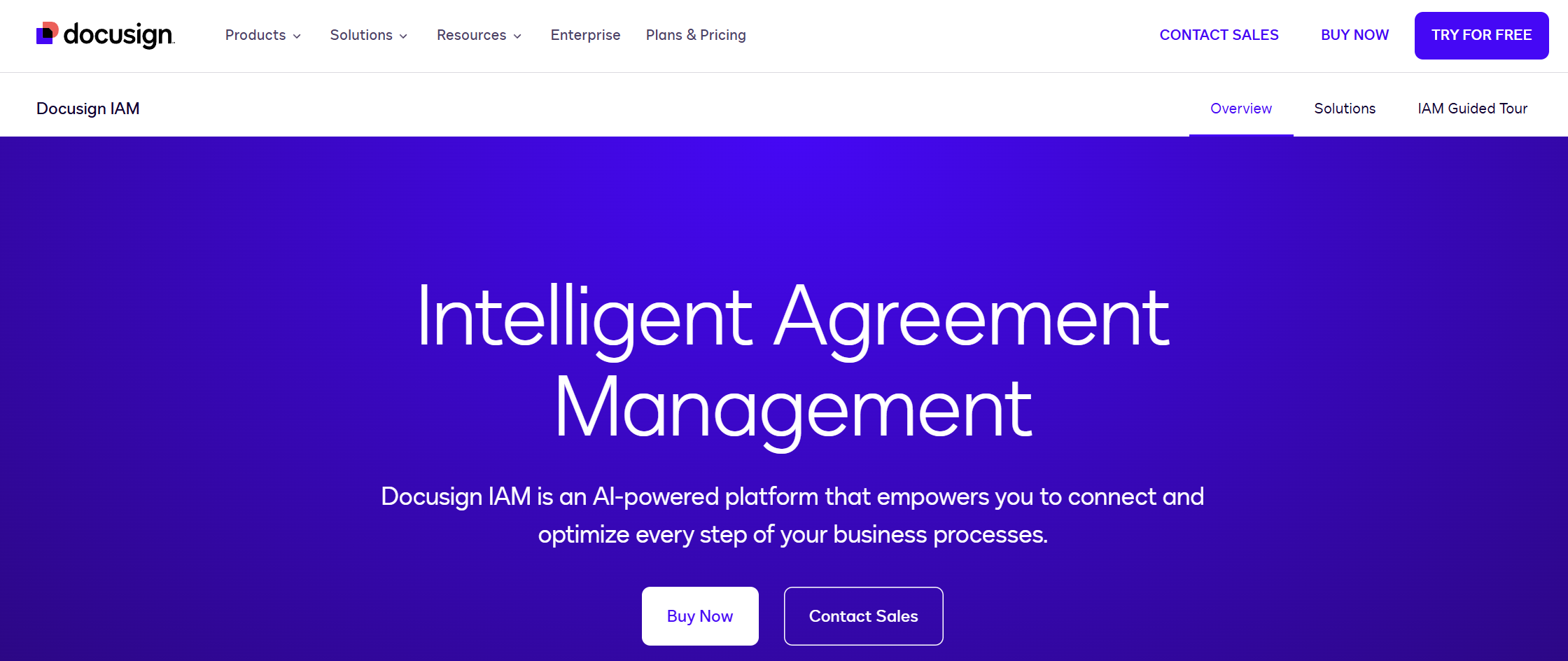 DocuSign Intelligent Agreement Management platform interface showcasing AI-powered tools for managing and optimizing business agreements.