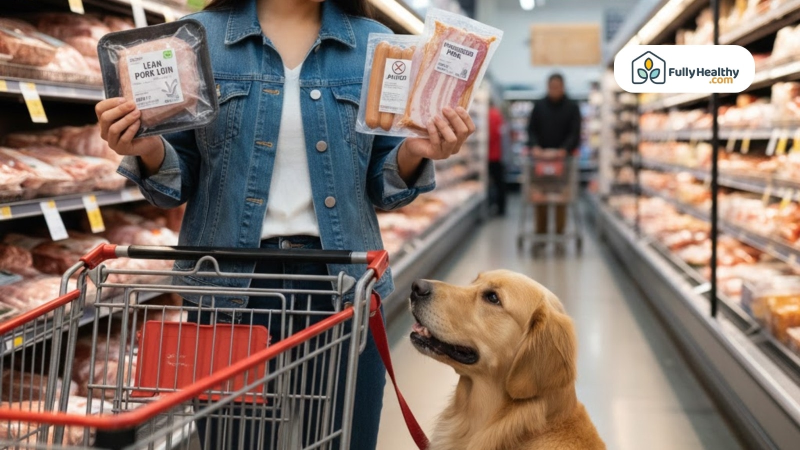 Woman grocery shopping with dog comparing lean pork and processed pork packages