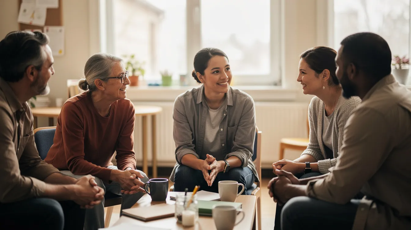 The image depicts a diverse group of community members engaged in a supportive conversation, highlighting the importance of mental health awareness and resources. This gathering emphasizes the role of advocacy in addressing mental health challenges and fostering emotional well-being among individuals and families.