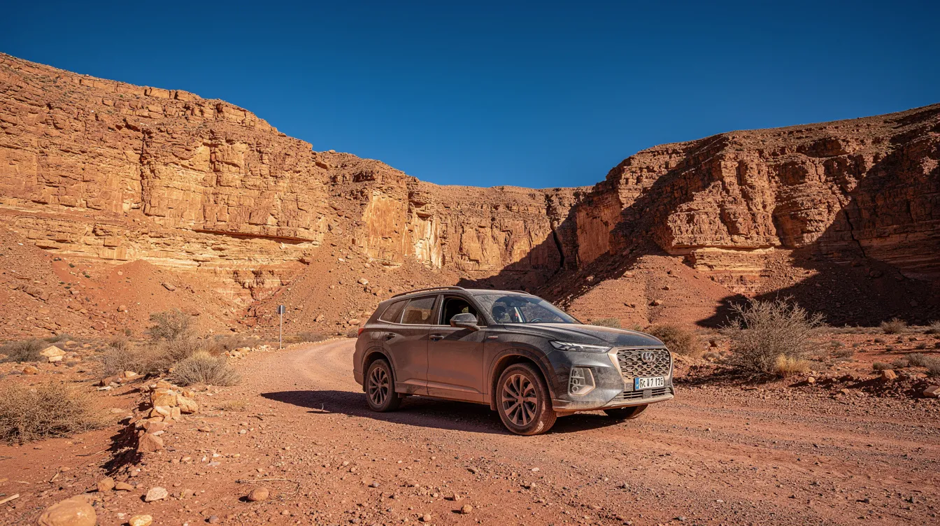 Un SUV garé sur une piste en terre devant une gorge rocheuse sous un ciel bleu.