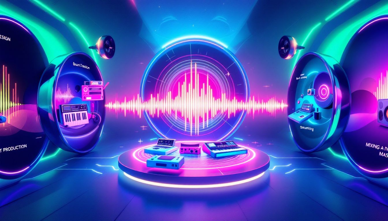 An online music production course interface showing various learning modules.