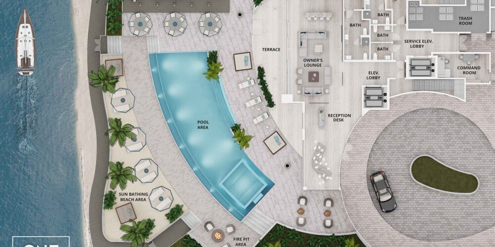 The image showcases a luxurious condo interior featuring sleek, high-end finishes and expansive floor-to-ceiling windows that provide stunning views of the Caloosahatchee River. This spacious residence in downtown Fort Myers is designed for waterfront living, complete with a private balcony that enhances the experience of this upscale development.