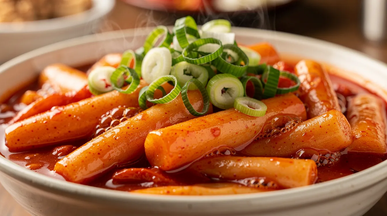 A steaming bowl of spicy Korean rice cakes, known as tteokbokki, presented with fish cakes and chopped green onions.
