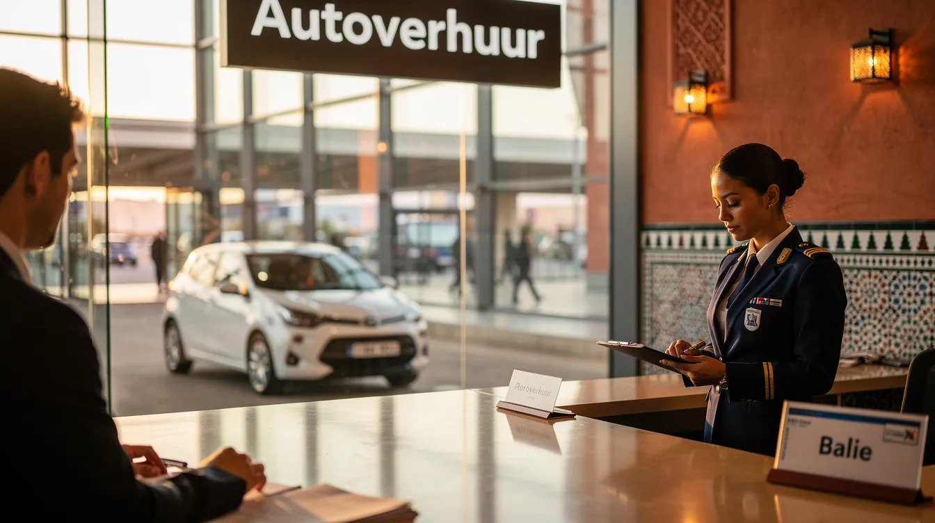 Un agent contrôle une voiture de location à un comptoir de location au Maroc.
