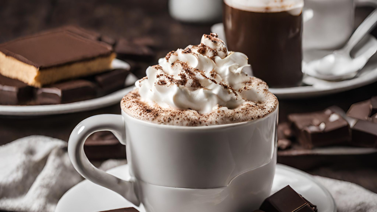 A cup of coffee with chocolate and whipped cream, a popular coffee drink