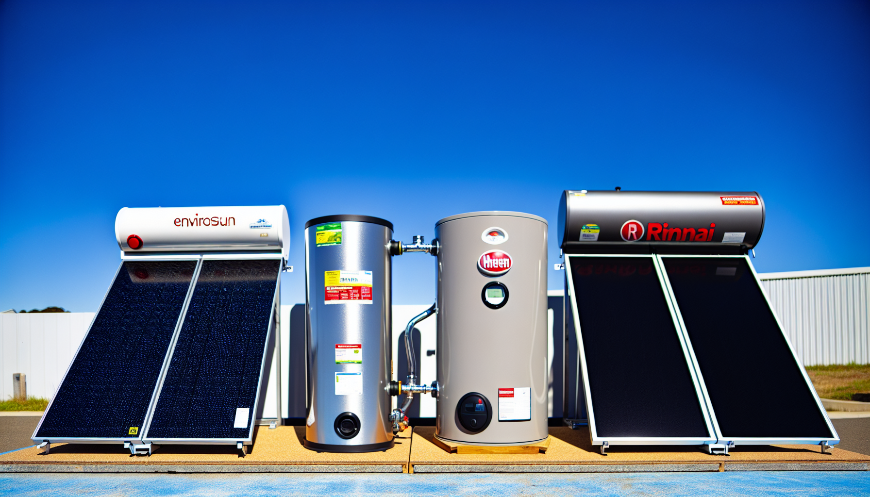 Three solar hot water systems displayed outdoors
