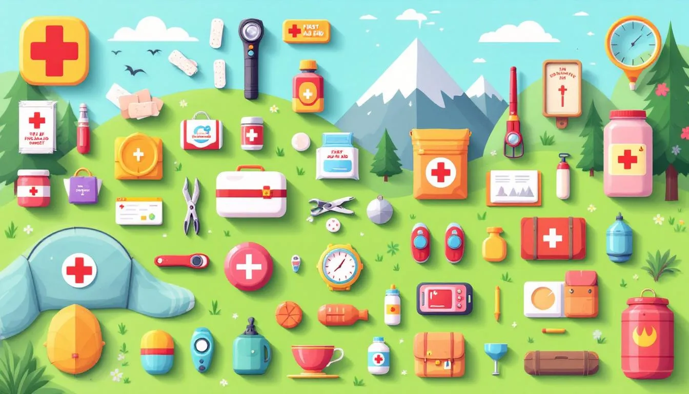A first aid kit and camping essentials for safety during outdoor adventures.