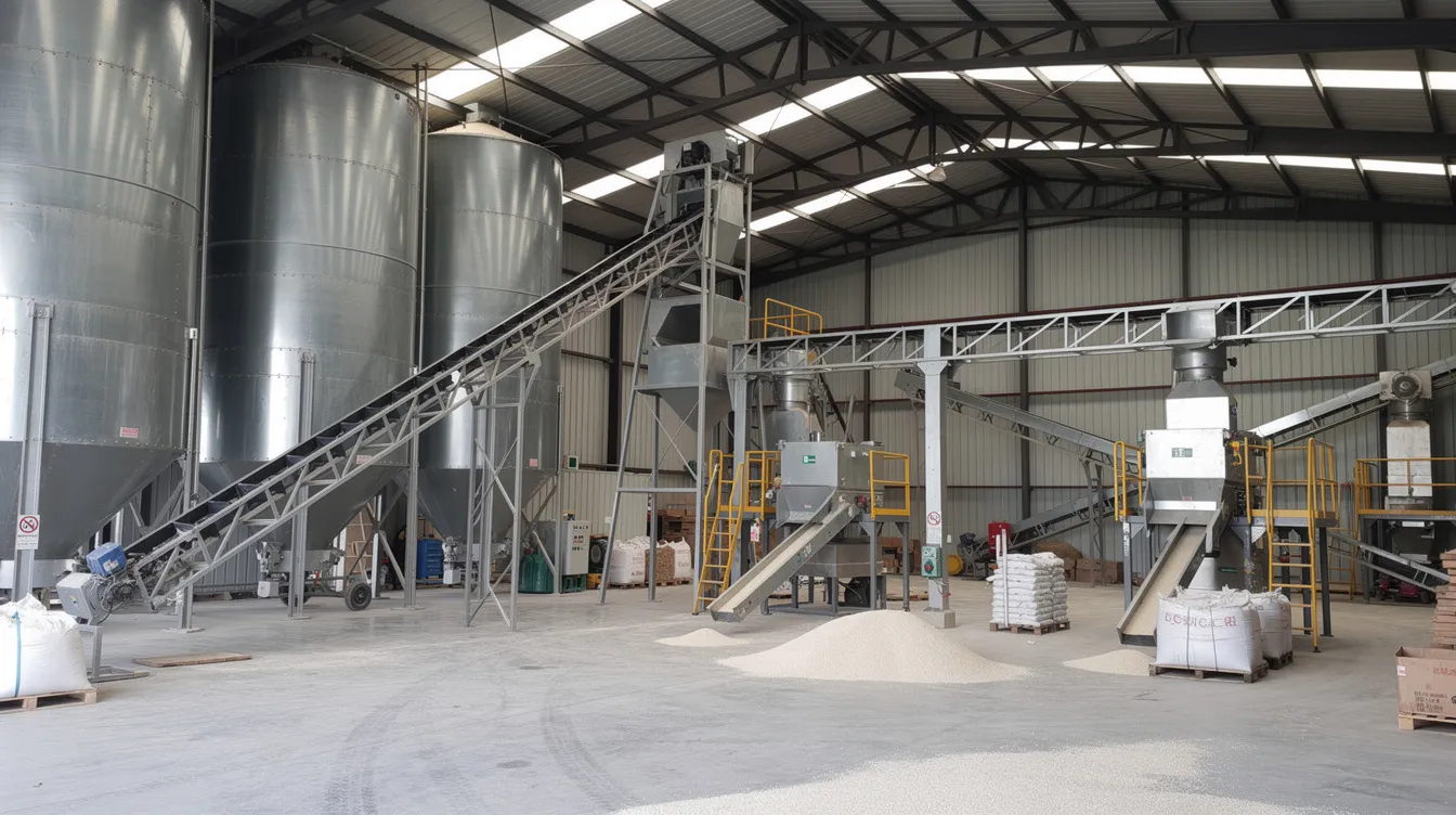 4e6338e1 3579 4494 bffb 12894e2798ca The image depicts the interior of a large rice processing facility, featuring towering steel silos, bucket elevators, and conveyor systems all housed under a robust steel-truss roof. This advanced system design is essential for ensuring smooth operations, efficient material flow, and the quality storage and packaging of various rice products, including milled rice and brown rice.