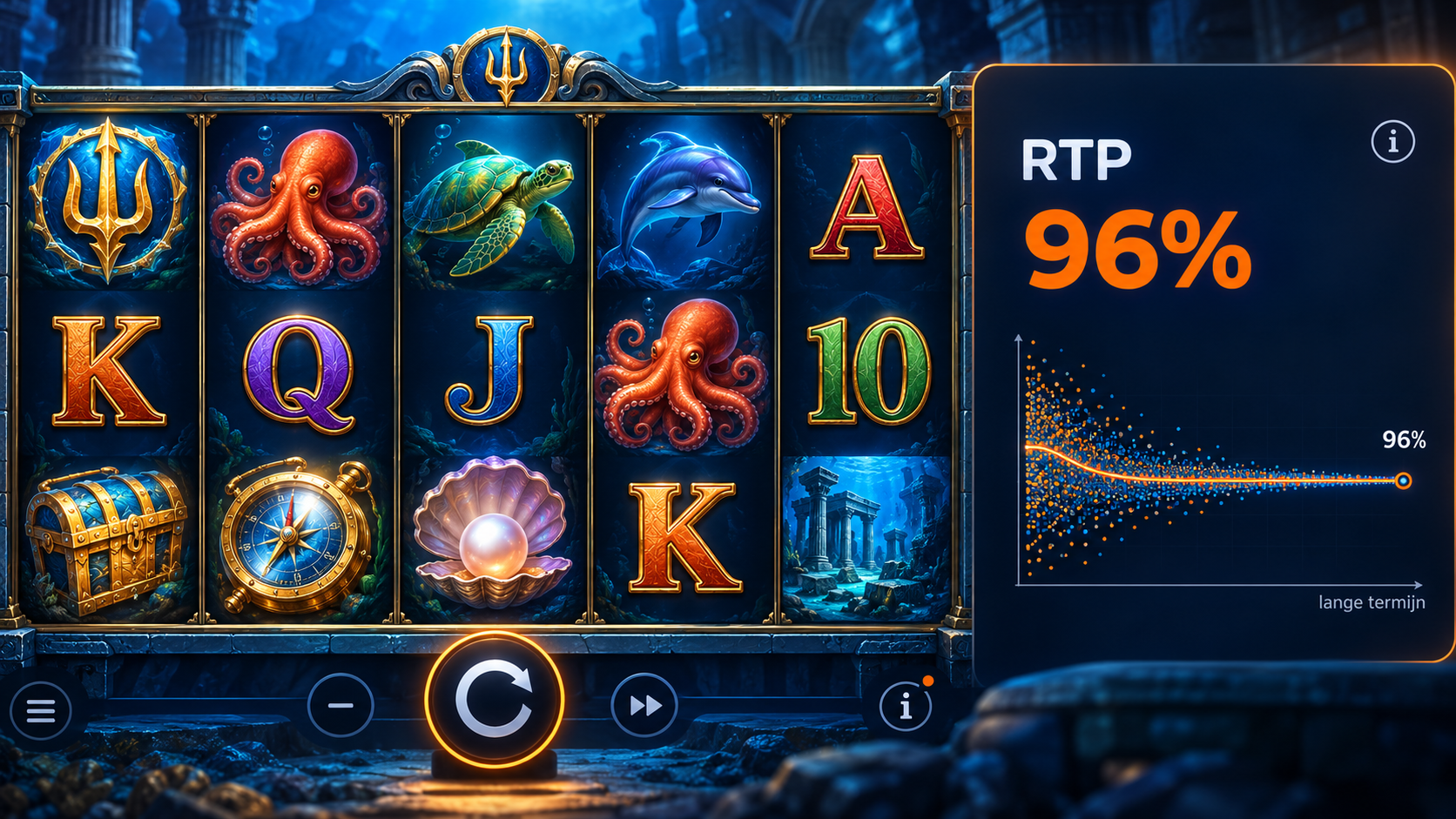 Online slot met een RTP van 96 procent en illustratie van het theoretische uitbetalingspercentage op lange termijn.