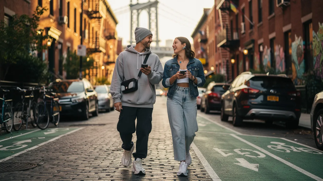 A young couple enjoys a fun date in Brooklyn, NYC, laughing and sharing a moment at a cozy coffee shop, reflecting the vibrant dating culture of the city's dating scene. Their connection highlights the importance of shared interests and meaningful interactions in the fast-paced world of dating in New York City.