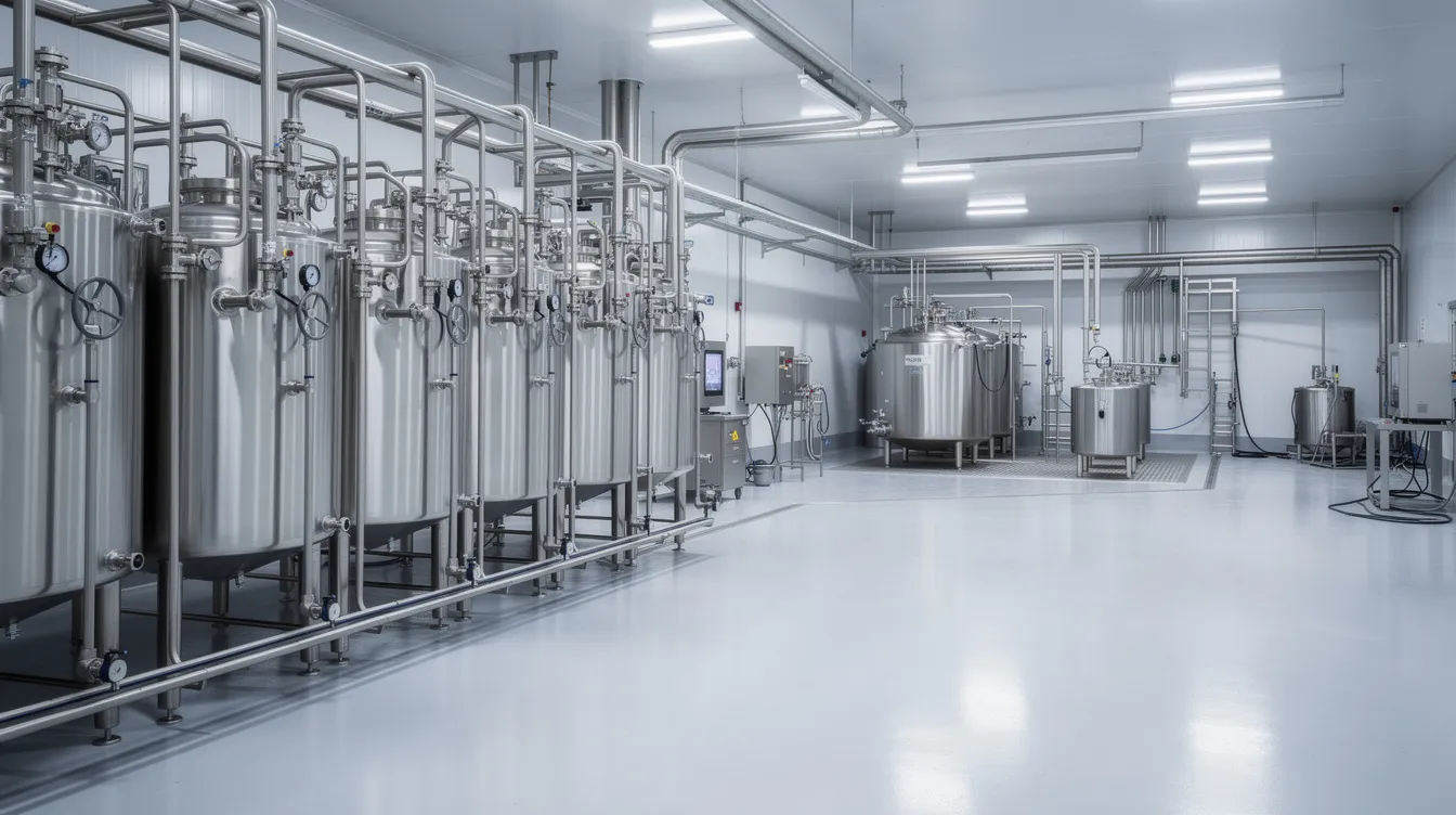 The image depicts the interior of a modern stainless steel dairy processing facility, showcasing large tanks and intricate pipelines essential for milk processing. This dairy processing unit emphasizes advanced machinery and quality control measures, reflecting the high standards required for producing value-added dairy products while adhering to food safety standards.
