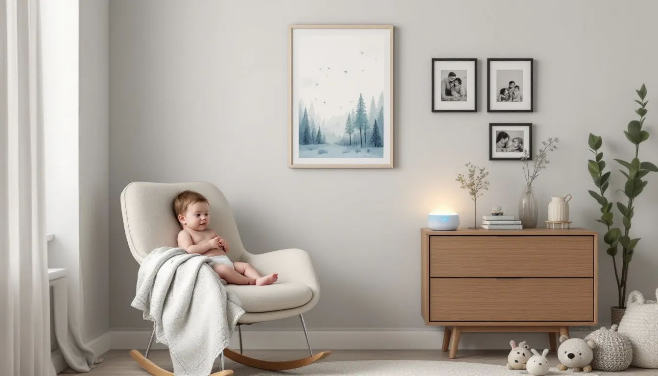 A modern baby nursery features stylish decor in soft neutral tones, including a white noise machine for soothing sleep, a night light for gentle illumination, an organic cotton baby blanket, and personalized baby wall art, creating a cozy and inviting space for new parents and their little ones. This setup is perfect for baby shower gift ideas, offering practical and thoughtful options for new moms.