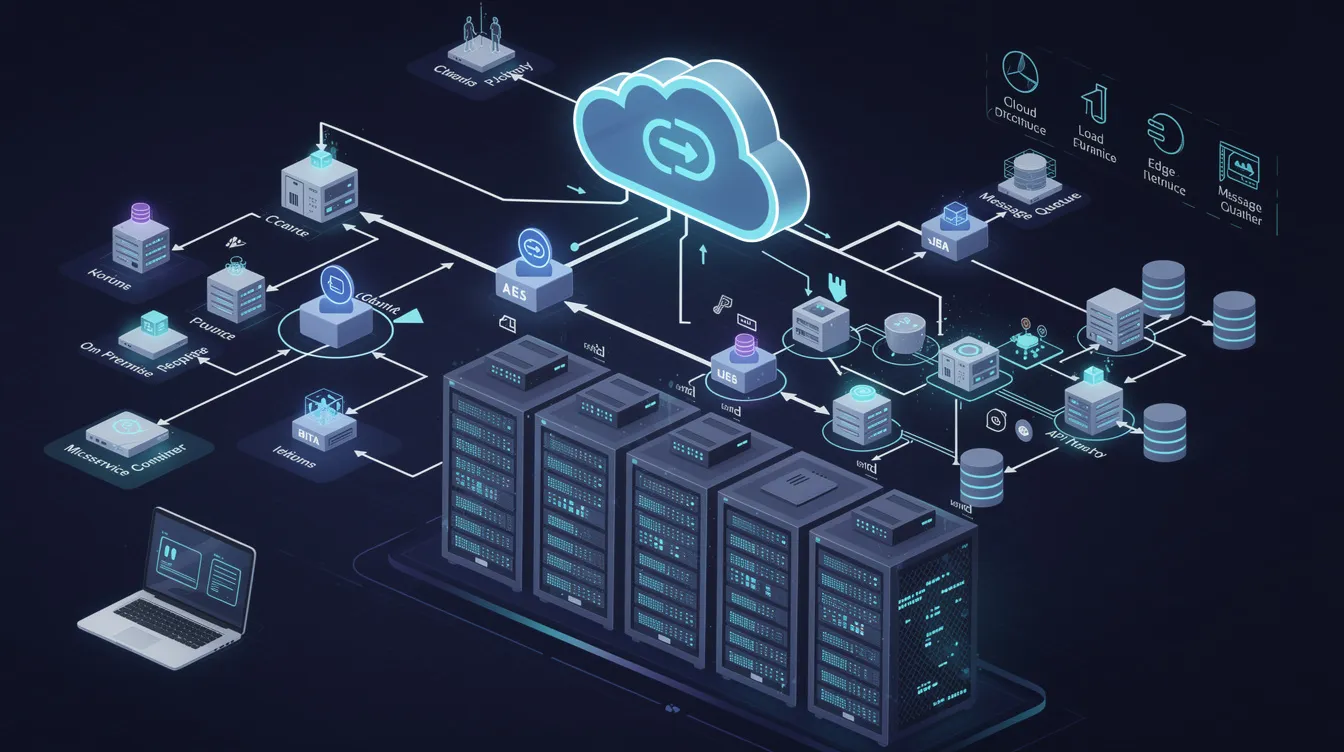 The image depicts a network of interconnected servers and cloud services, illustrating a distributed system architecture. This representation highlights the complexity of technical concepts such as scalable systems and data flow, essential for understanding system design in technical interviews.