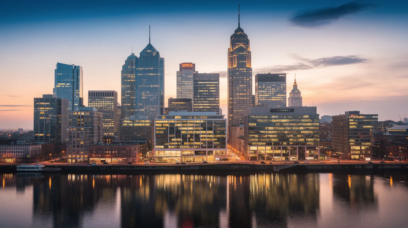 The image depicts a vibrant city skyline at dusk, with buildings illuminated by glowing lights as the day transitions into night. This scene captures the essence of urban life, where people engage in meaningful relationships and real conversations as they navigate the dating process under the enchanting evening sky.