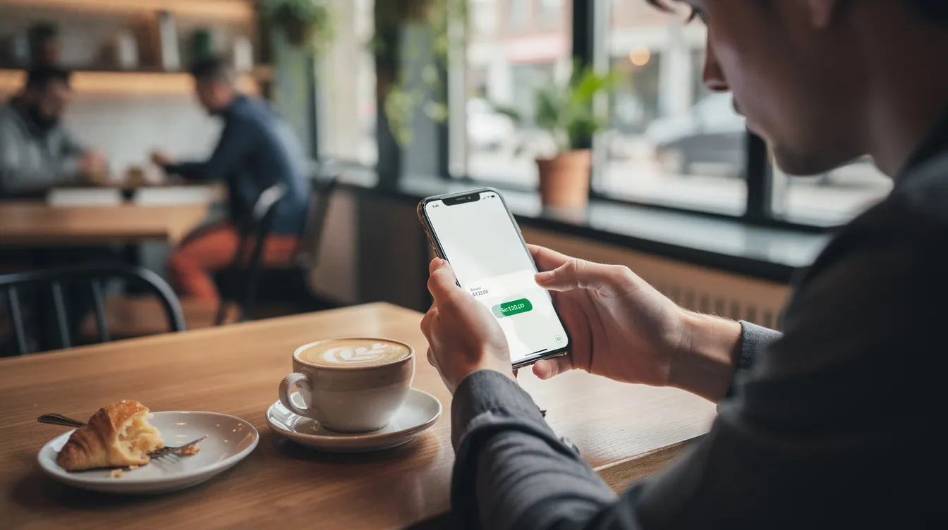 A person is seated at a cafe, focused on their smartphone as they use an online money transfer service to send money internationally. The scene captures the ease of transferring funds while enjoying a casual atmosphere, highlighting the convenience of modern payment solutions.