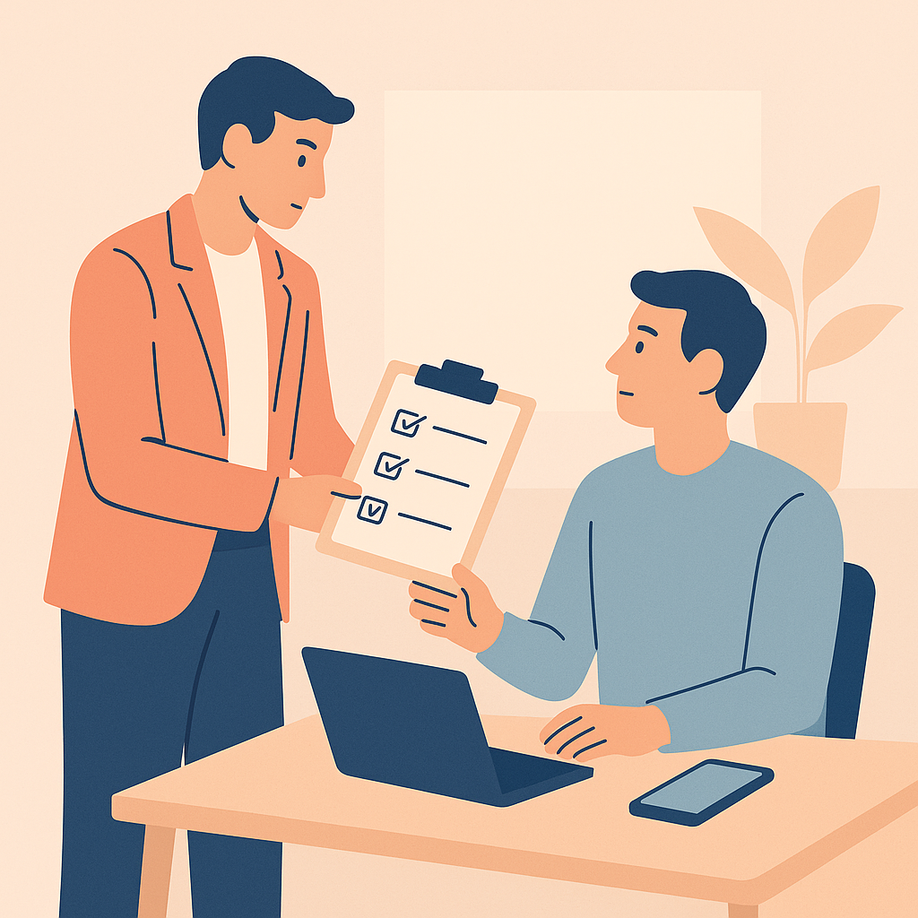 A manager hands a clipboard with tasks to a seated colleague, illustrating delegation to avoid missed deadlines and support stress management by sharing urgent tasks within a team.