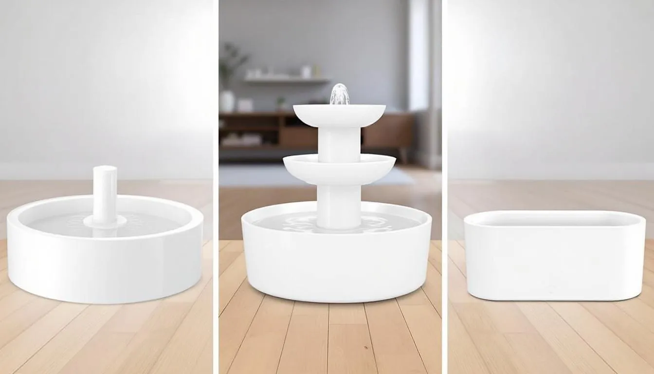 The image showcases a comparison of various dog water fountain styles, including a bubbler, multi-tier, and stream design, highlighting features like fresh running water and filtration systems. Each fountain is designed to keep pets hydrated while being easy to clean and maintain, suitable for multiple pets.